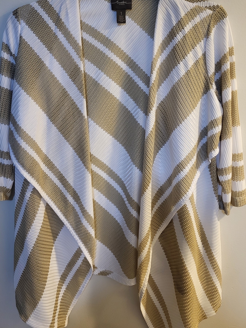 Chico's White & Tan Open-Front Striped Cardigan